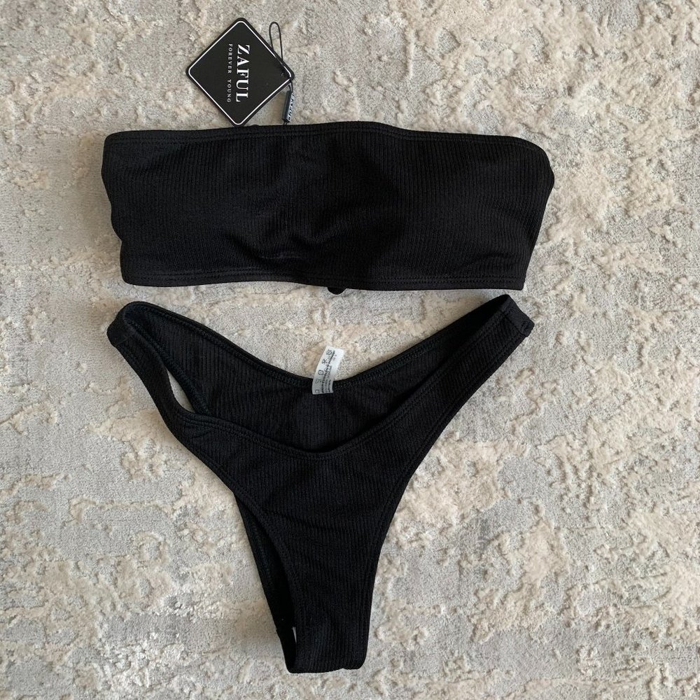 NWT Zaful High Cut Ribbed Bandeau Bikini Set